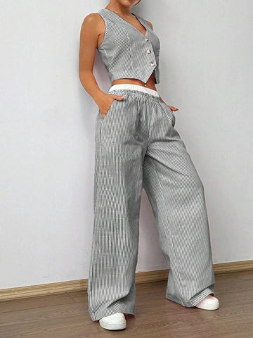 Casual striped two-piece outfit vest top and pants – Voguelle