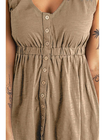 Waist seam close-up of black sleeveless button down mini dress – Voguelle