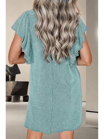 Model wearing teal ruffled casual dress with cap sleeves – Voguelle