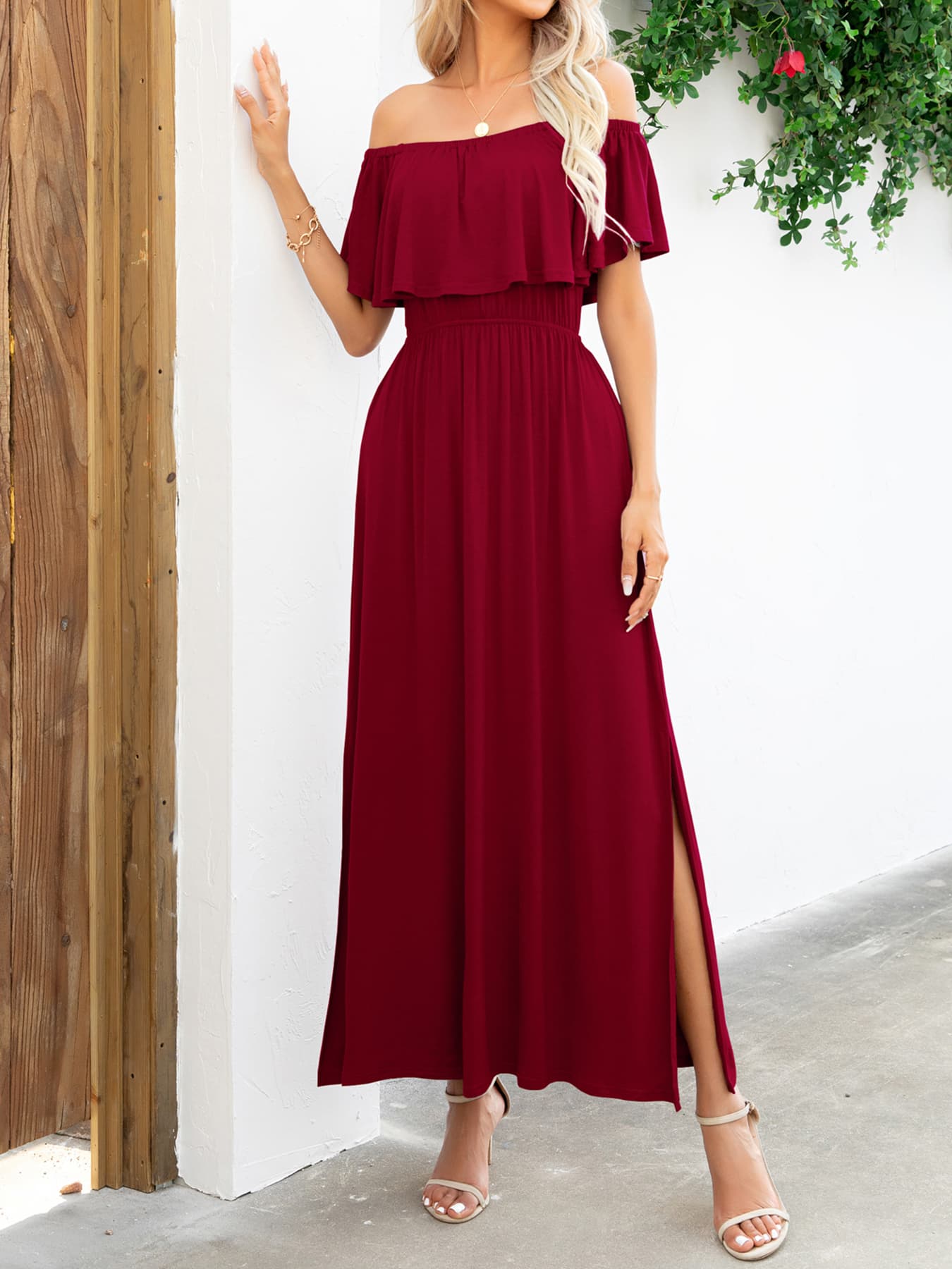 Flowy navy maxi dress with ruffle off-shoulder design – Voguelle