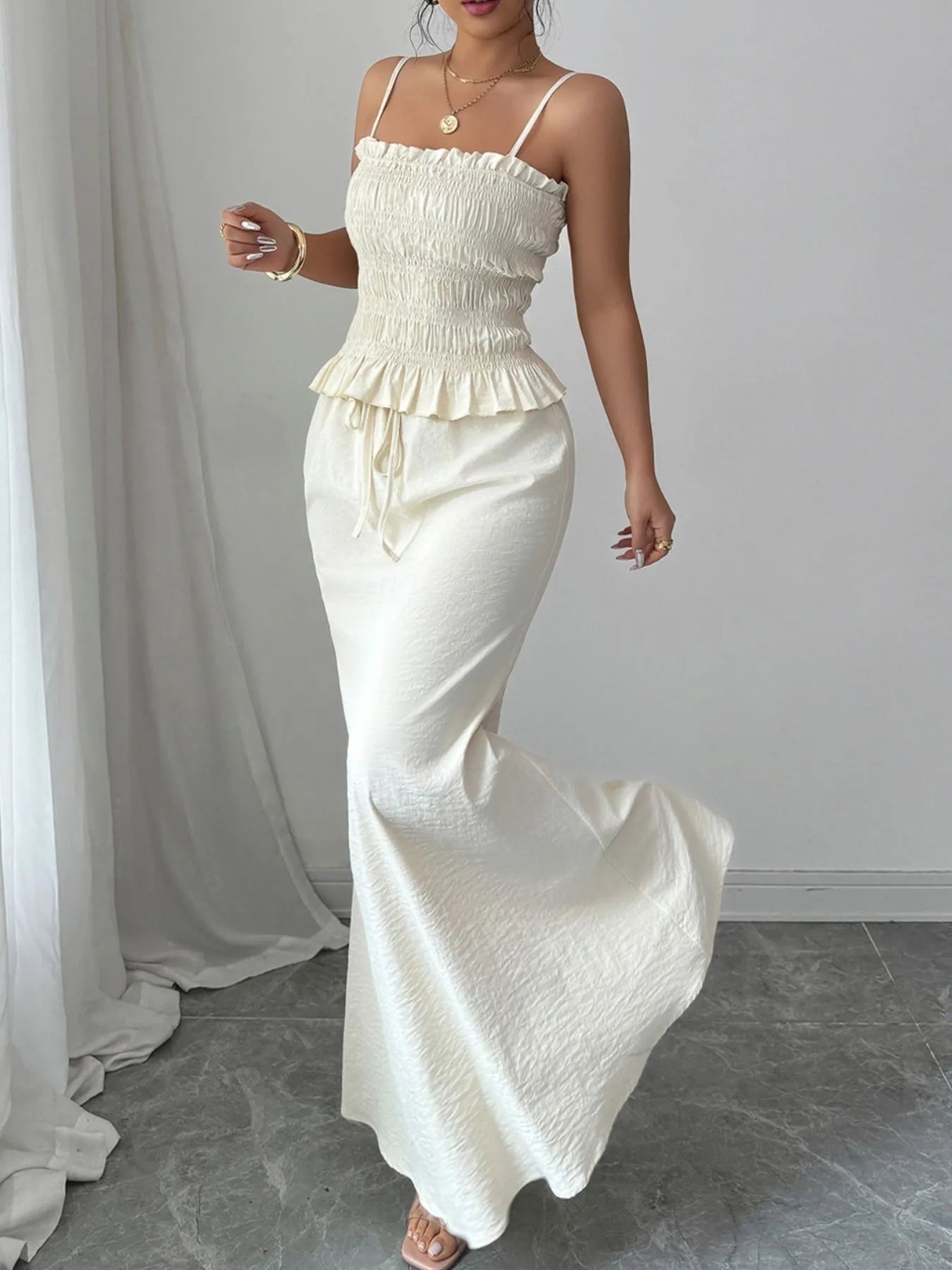 Ruffle hem cami with maxi skirt summer outfit – Voguelle