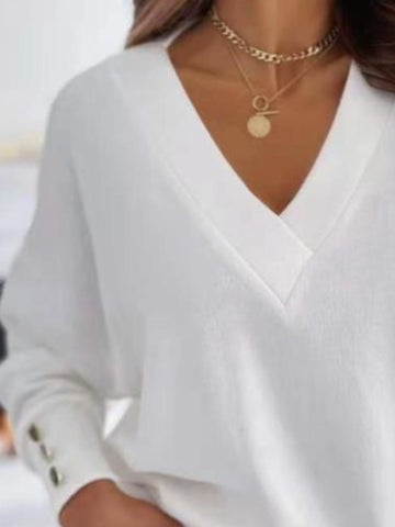 Front view V-neck long sleeve sweatshirt with button cuffs in blue – Voguelle