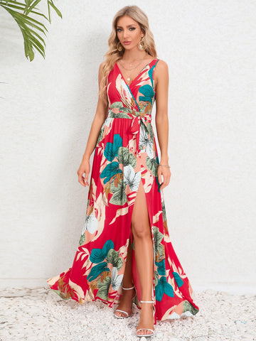 Side slit detail of floral wrap maxi dress – Voguelle