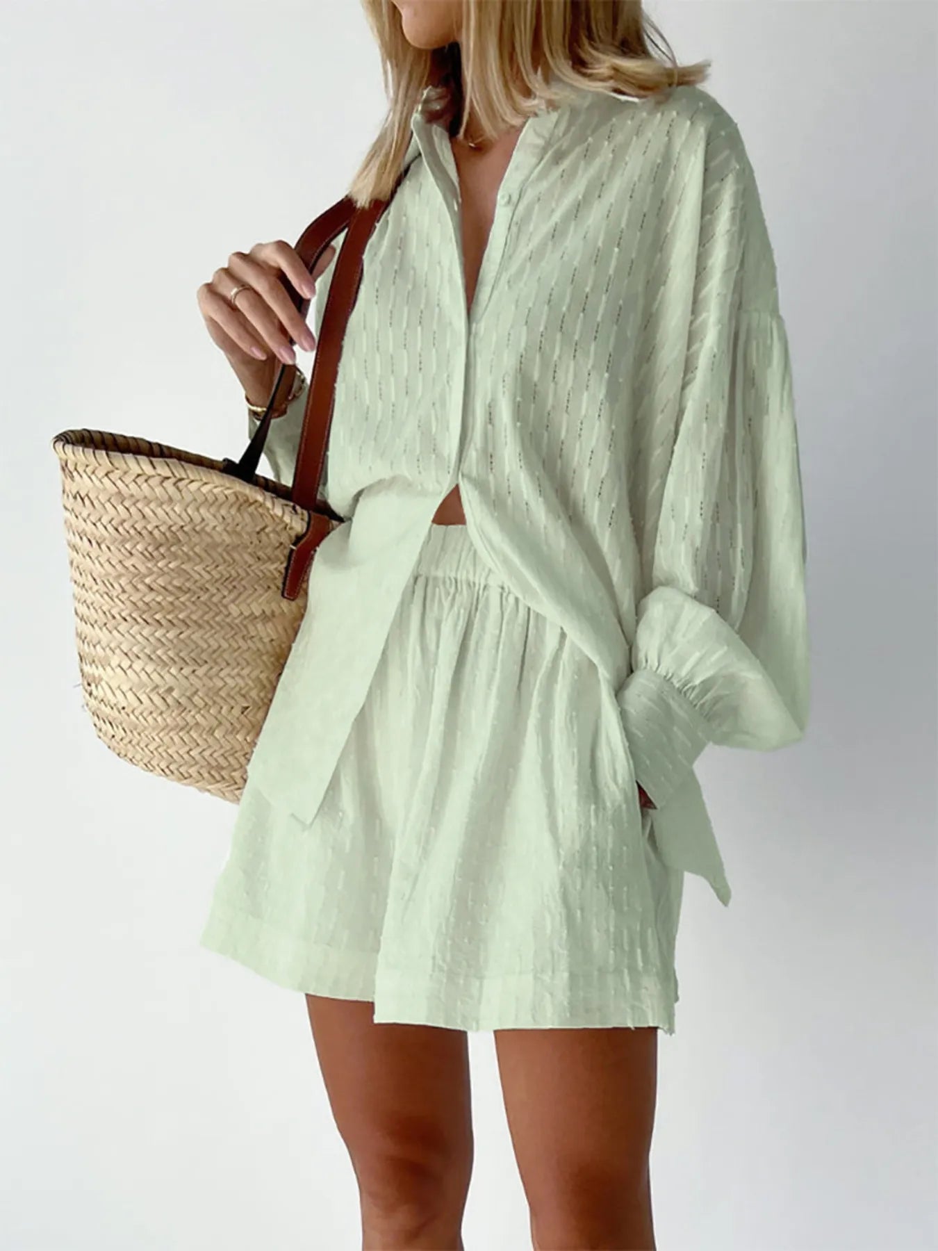 Casual summer outfit in textured marigold fabric on model – Voguelle