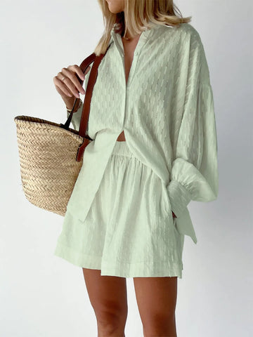 Casual summer outfit in textured marigold fabric on model – Voguelle