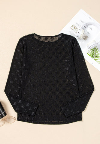 Elegant black sheer bow round neck top close-up – Voguelle