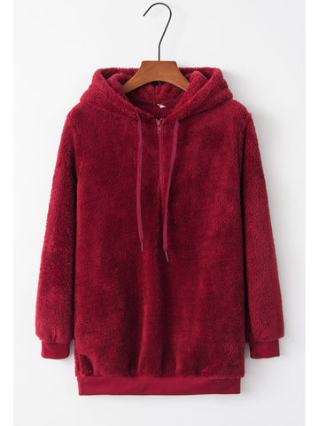 Brown quarter-zip hoodie with drawstring close-up – Voguelle