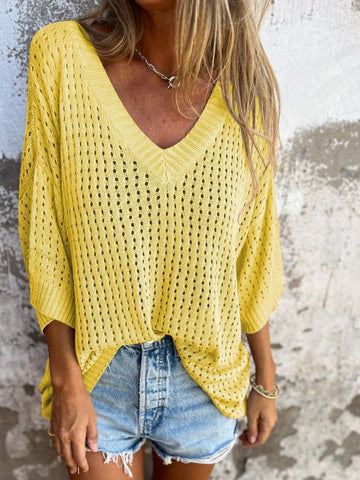 Yellow relaxed fit V-neck knit sweater – Voguelle