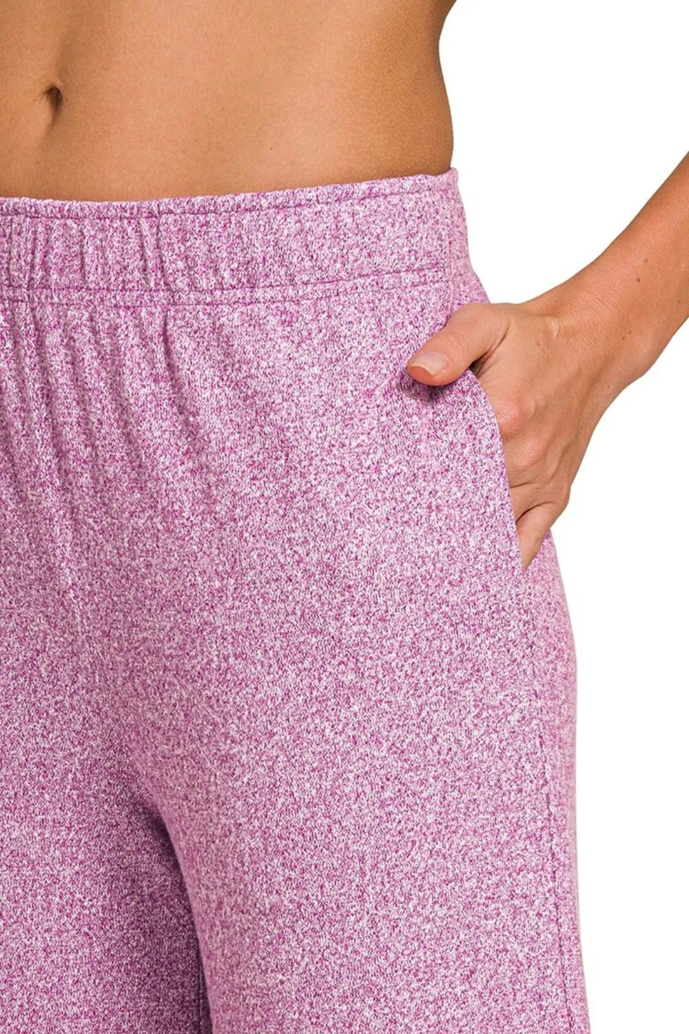 Side angle of lavender melange loungewear set with relaxed fit – Voguelle