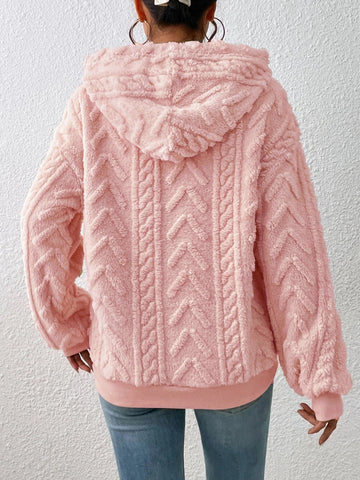 Lifestyle shot of beige fleece hoodie casual outfit – Voguelle