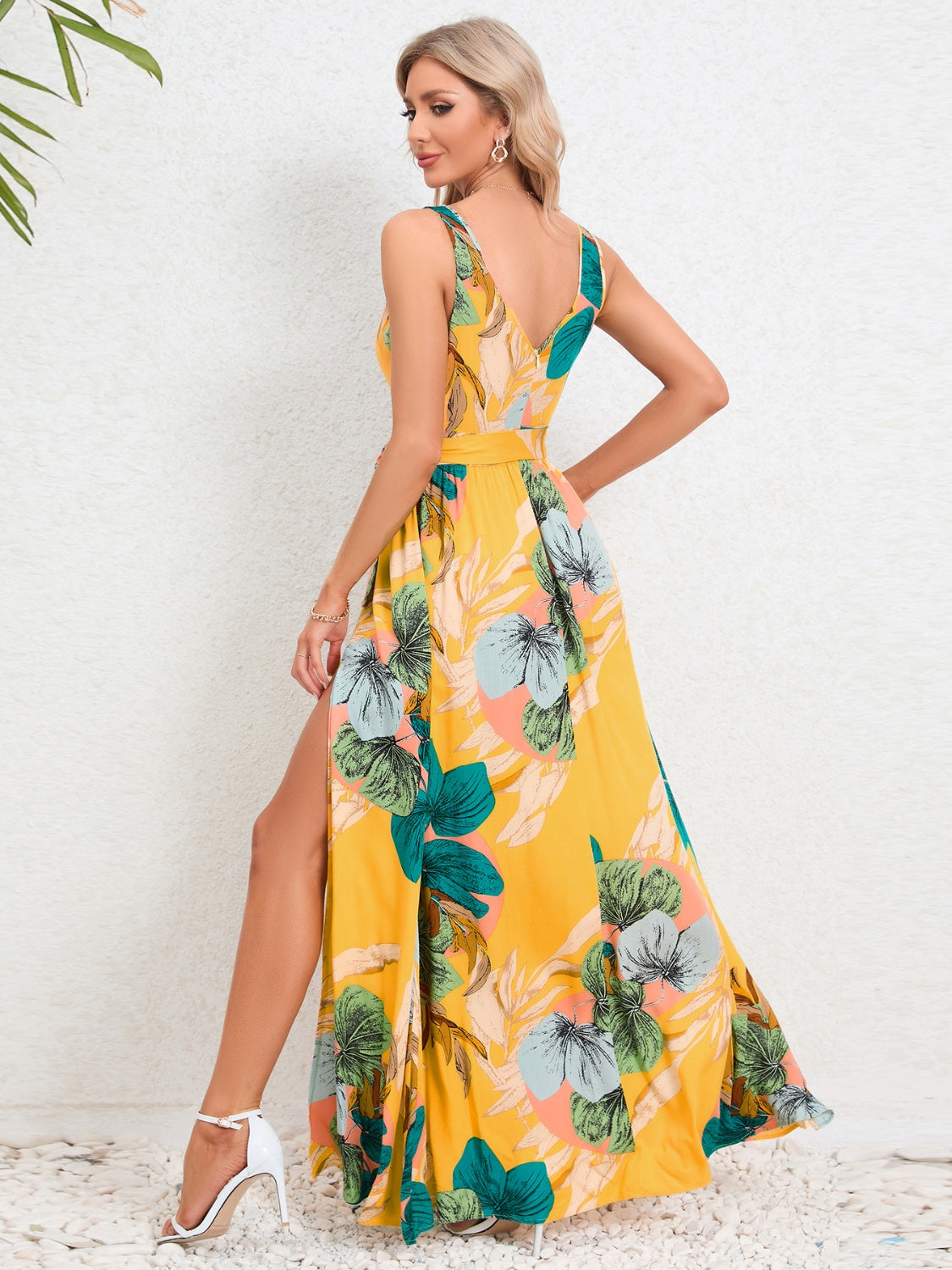 Styled accessories with floral surplice slit dress – Voguelle