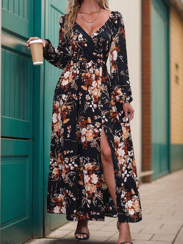 Elegant wrap V-neck floral maxi dress with slit – Voguelle
