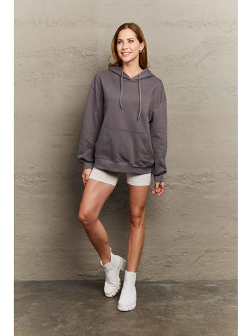 Dropped shoulder hoodie back angle in camel – Voguelle