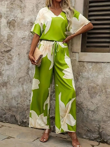 Full body view of black Printed Floral Two-Piece Outfit – Voguelle