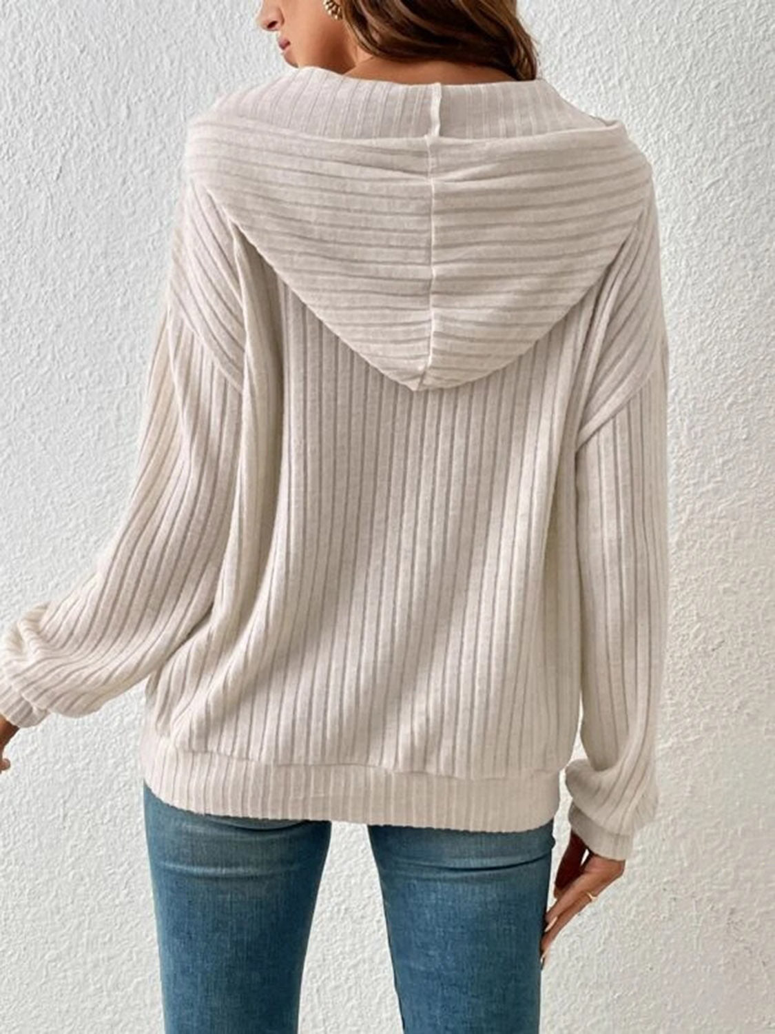 Front view of ribbed dropped shoulder drawstring hoodie in sage green – Voguelle