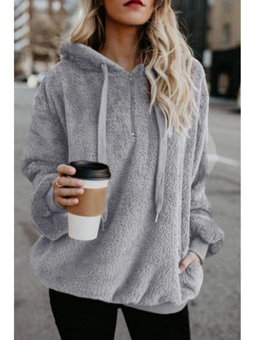 Quarter-zip teddy hoodie styled with casual outfit – Voguelle