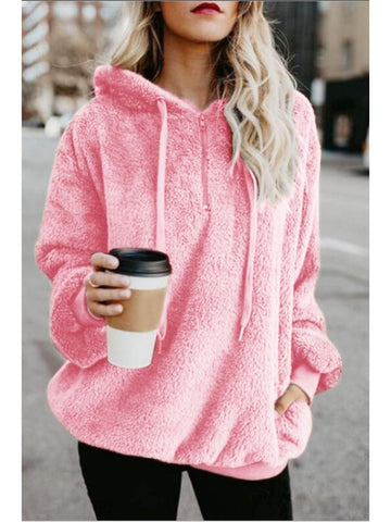 Oversized quarter-zip teddy hoodie front-facing model – Voguelle