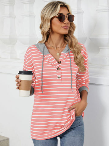 Front view of striped button drawstring hoodie in navy and green – Voguelle
