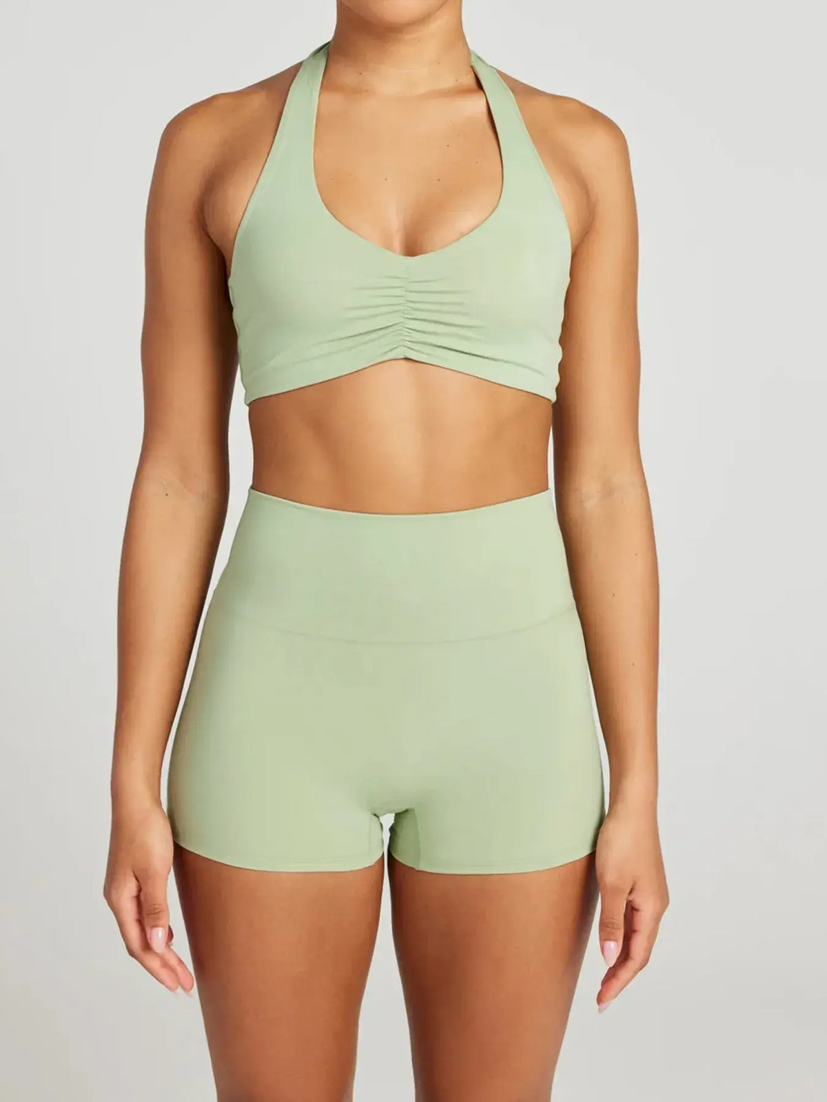Front view of Halter Neck Cami and Shorts Active Set in green – Voguelle