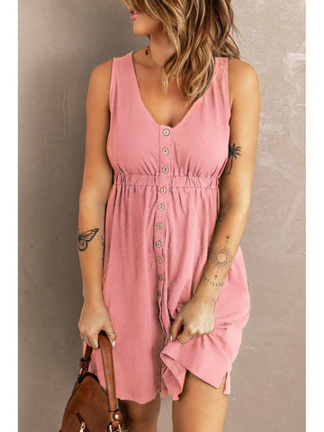 Detail of front buttons and waistline on sleeveless dress – Voguelle