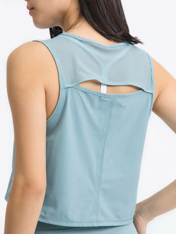 Back detail of Millennia Cropped Active Tank in light blue – Voguelle