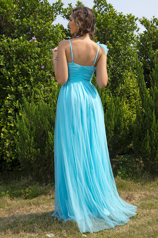 Flowing blue ruched slit gown with asymmetrical neckline – Voguelle
