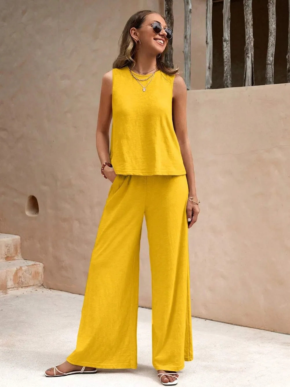 Front view beige sleeveless top and wide leg pants set – Voguelle