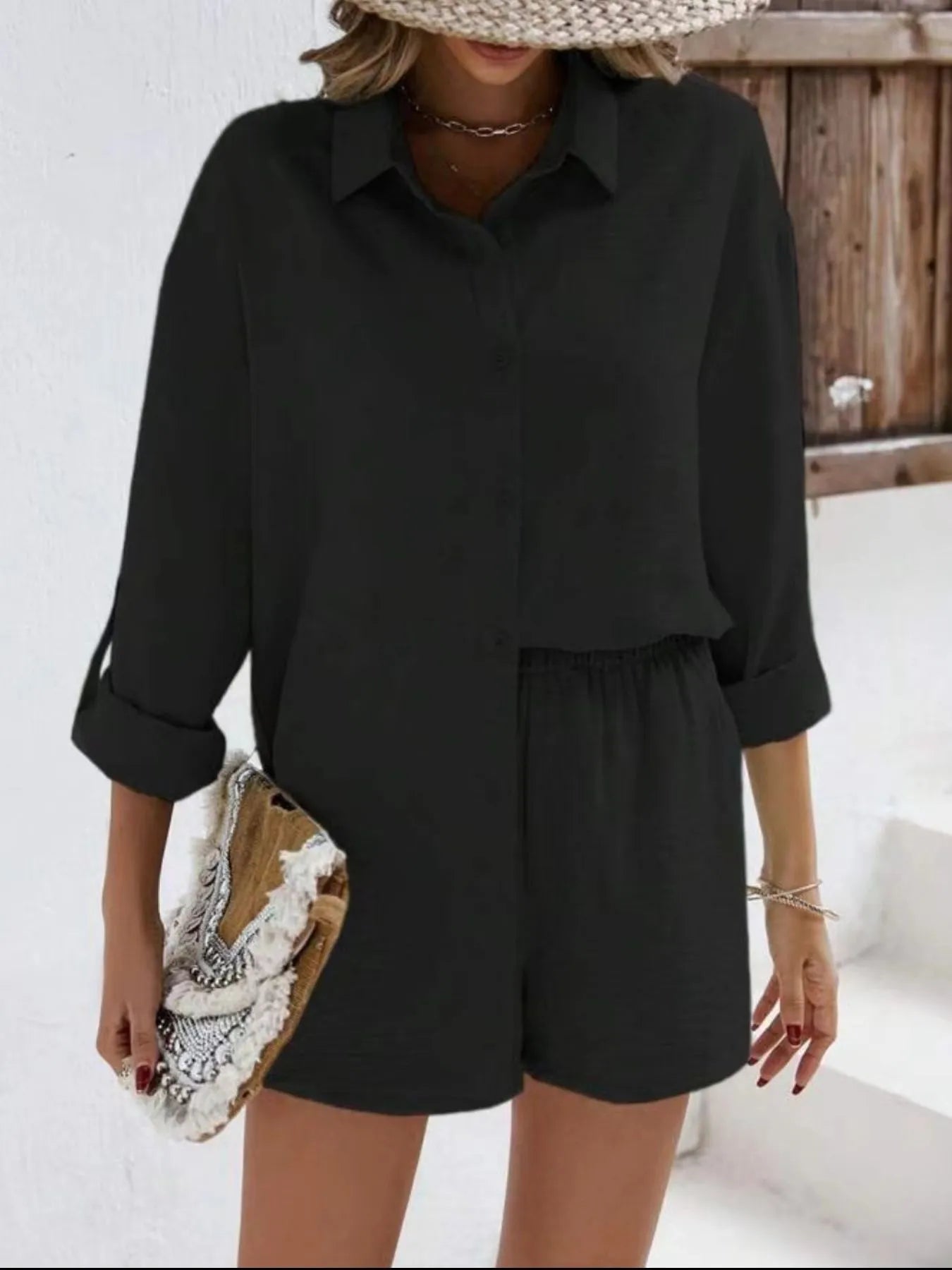 Front view of 2-Piece Button Down Set in black on model – Voguelle