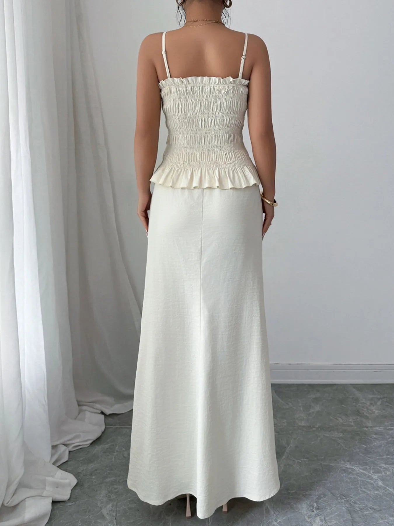 Front view white smocked cami and maxi skirt – Voguelle