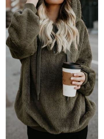 Relaxed fit brown teddy pullover hoodie with zip – Voguelle