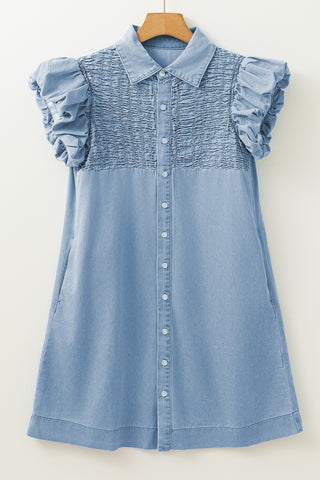 Front close-up of button placket on collared denim dress – Voguelle