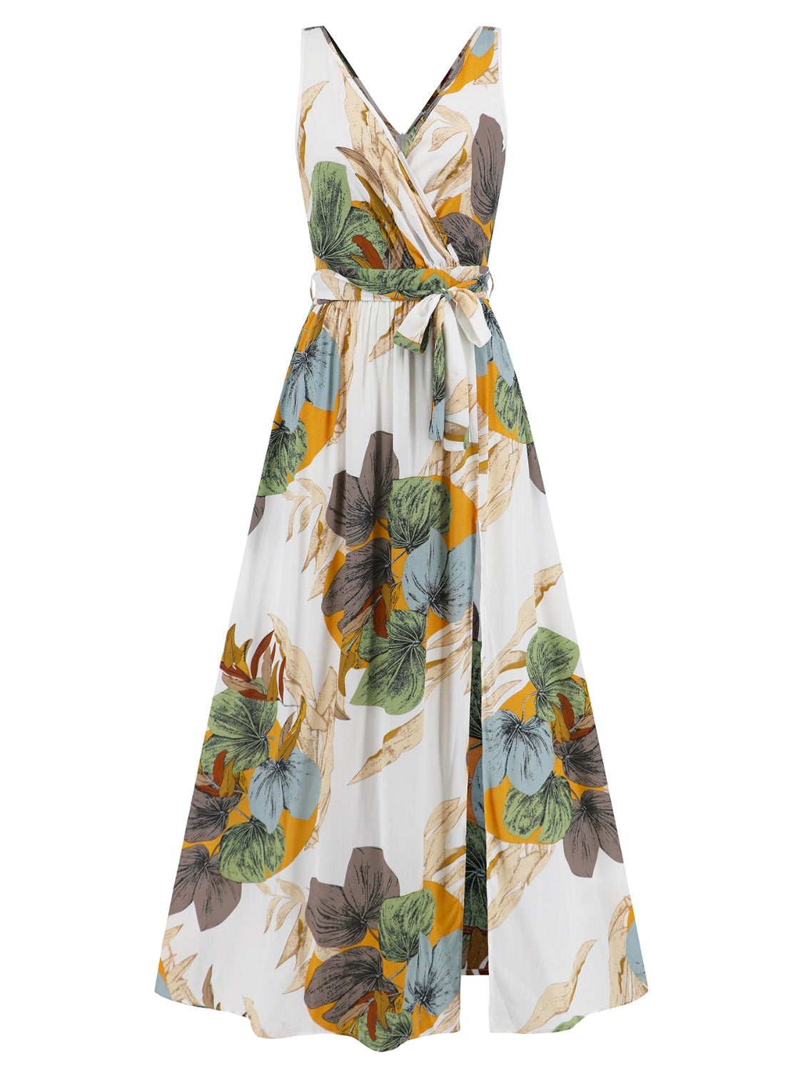 Side angle of floral wrap maxi dress with slit – Voguelle