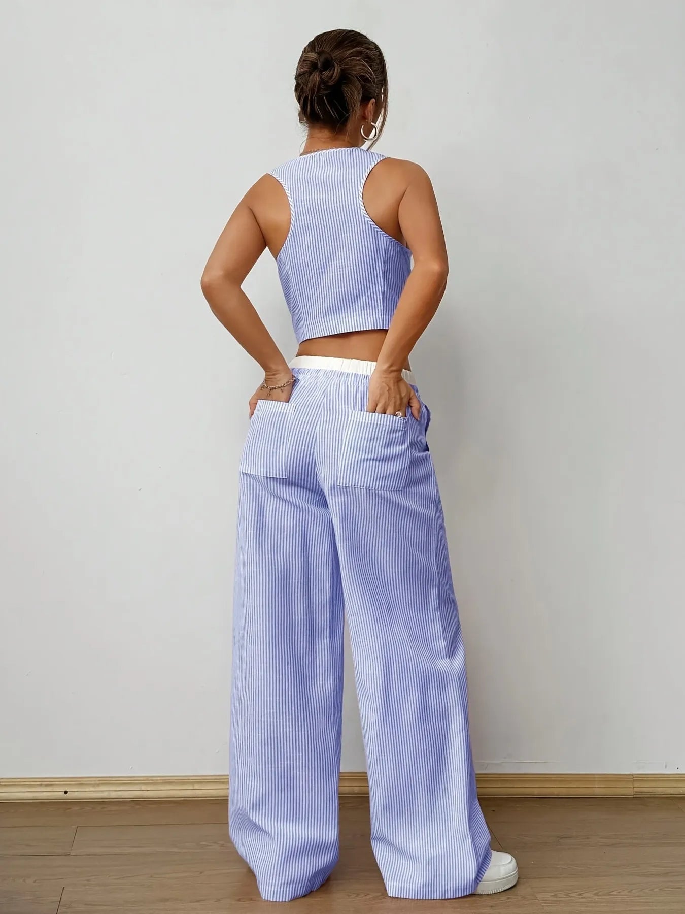 Trendy blue striped vest top and wide leg pants set – Voguelle
