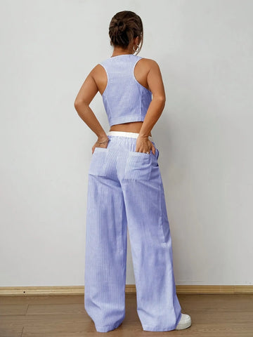 Trendy blue striped vest top and wide leg pants set – Voguelle