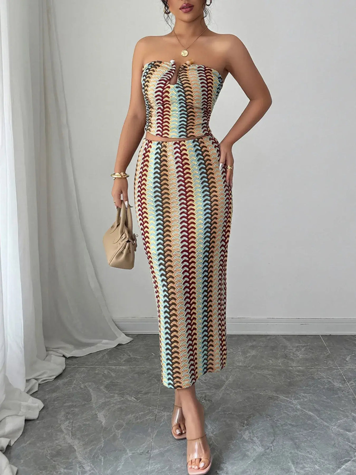 Full look of multicolor Gold strapless tube top and skirt set on model – Voguelle