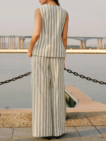 Full length of Striped Summer Pants Set with V-Neck Vest Top – Voguelle