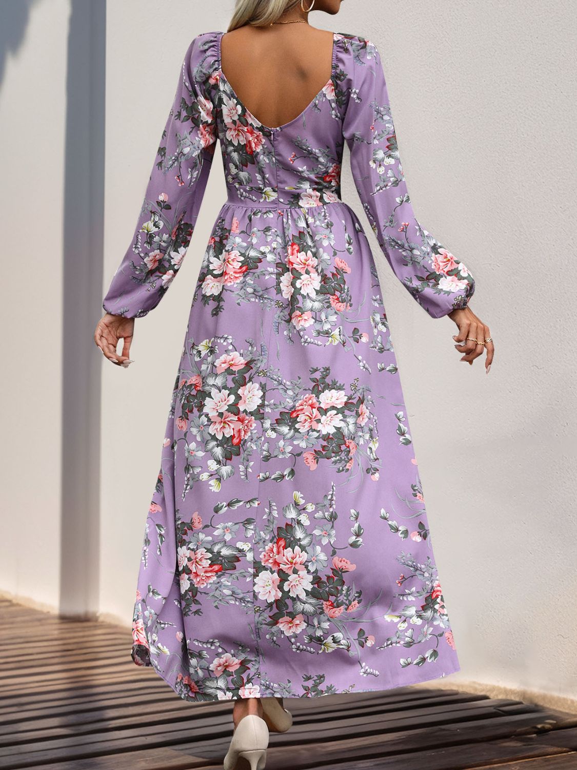 Black floral print maxi dress with flared long sleeves – Voguelle