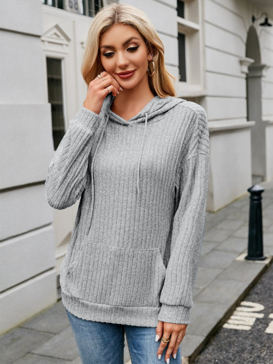 Beige ribbed hoodie styled for casual chic look – Voguelle