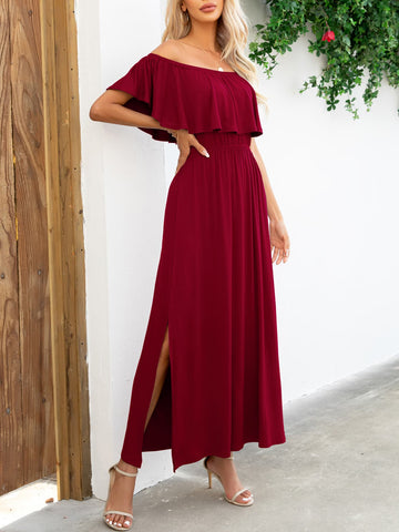 Side slit detail on navy off-shoulder maxi dress – Voguelle