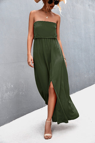 Model posing strapless split maxi dress – Voguelle