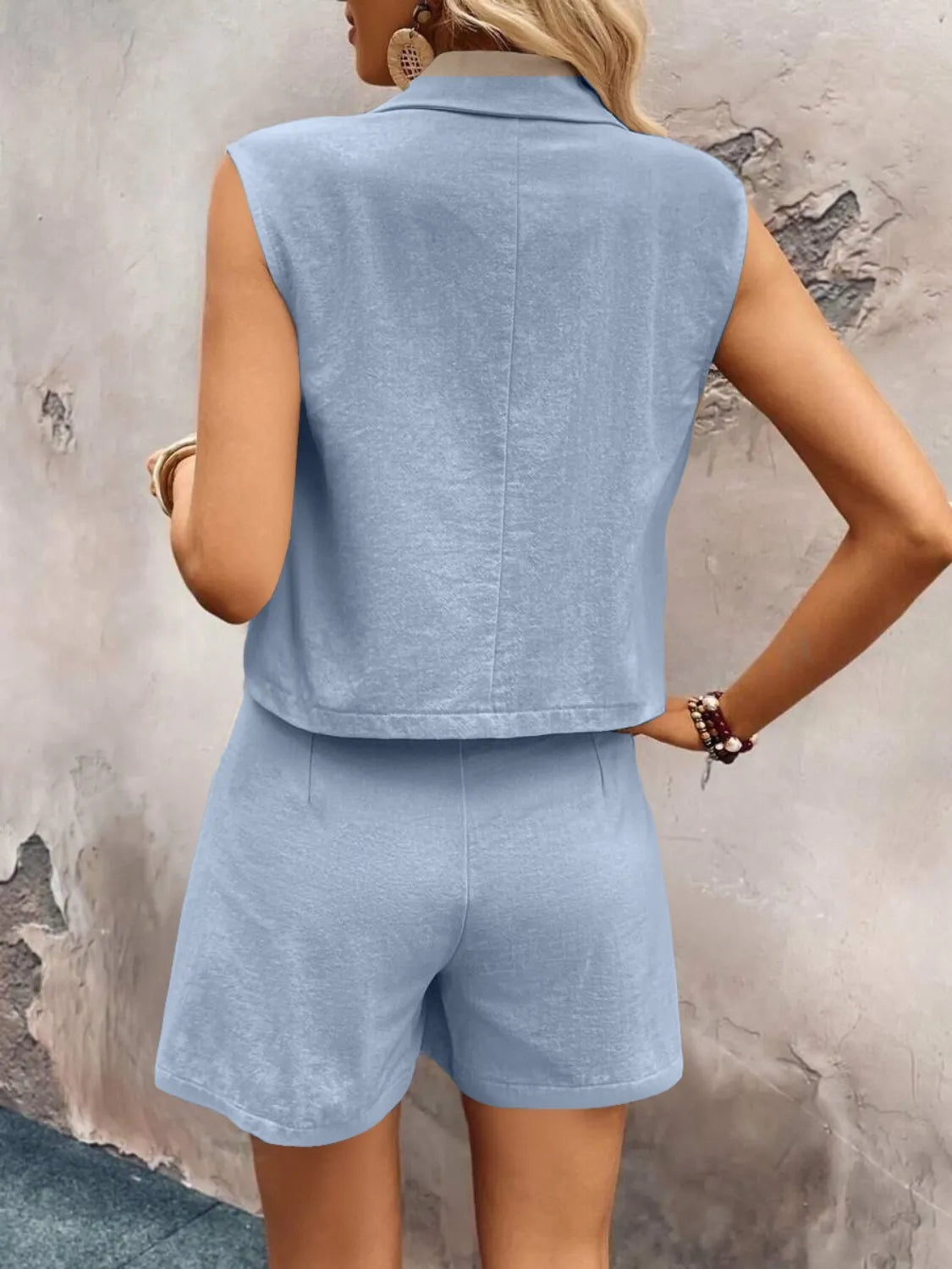 Back detail of blue sleeveless shorts set – Voguelle