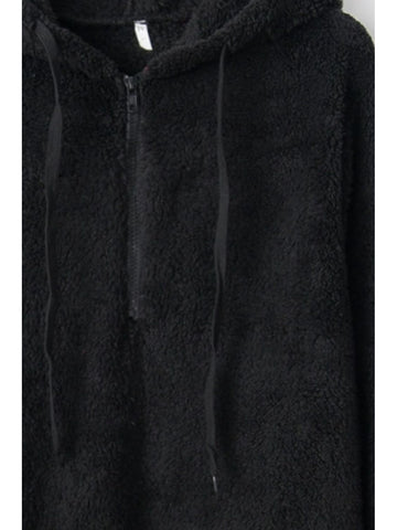 Front view of brown quarter-zip teddy hoodie on model – Voguelle
