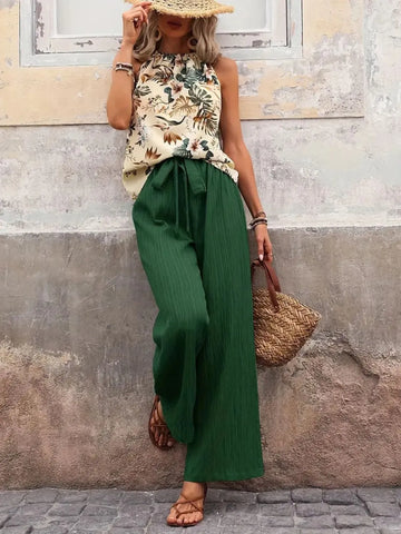 Comfortable summer pants outfit with sleeveless print top – Voguelle