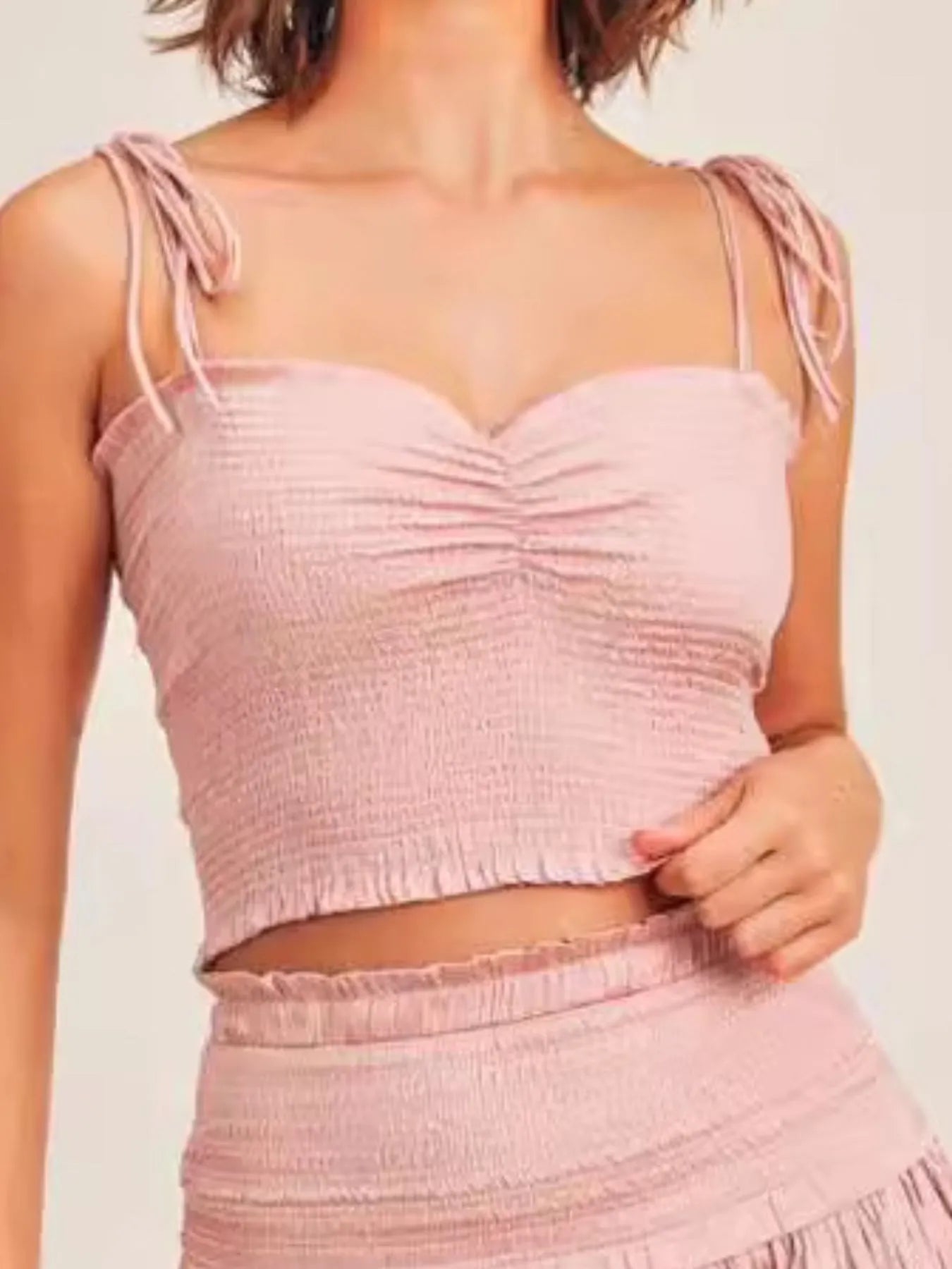 Front view of sweetheart neck ruched cami top with tiered mini skirt in white – Voguelle