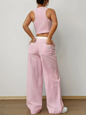 Casual striped two-piece outfit vest top and pants – Voguelle