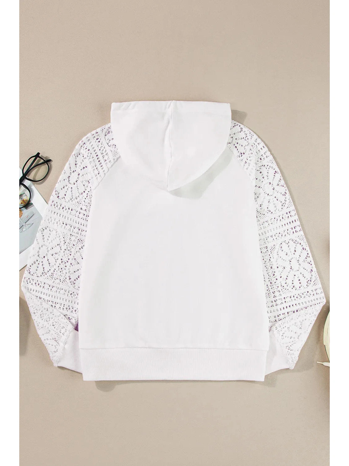 Front flat lay of White Openwork Long Sleeve Hoodie – Voguelle