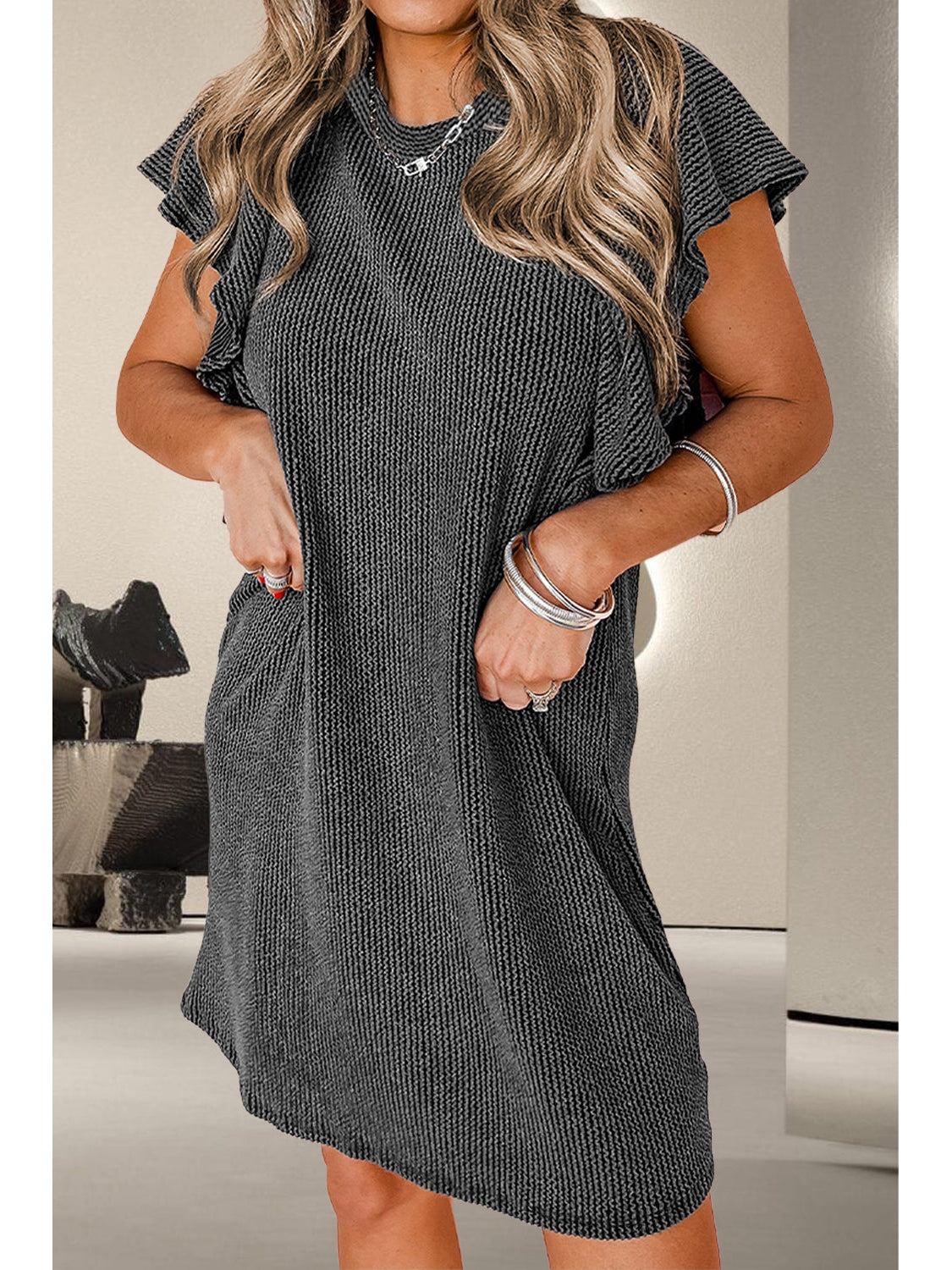 Side angle of round neck ruffled A-line dress – Voguelle