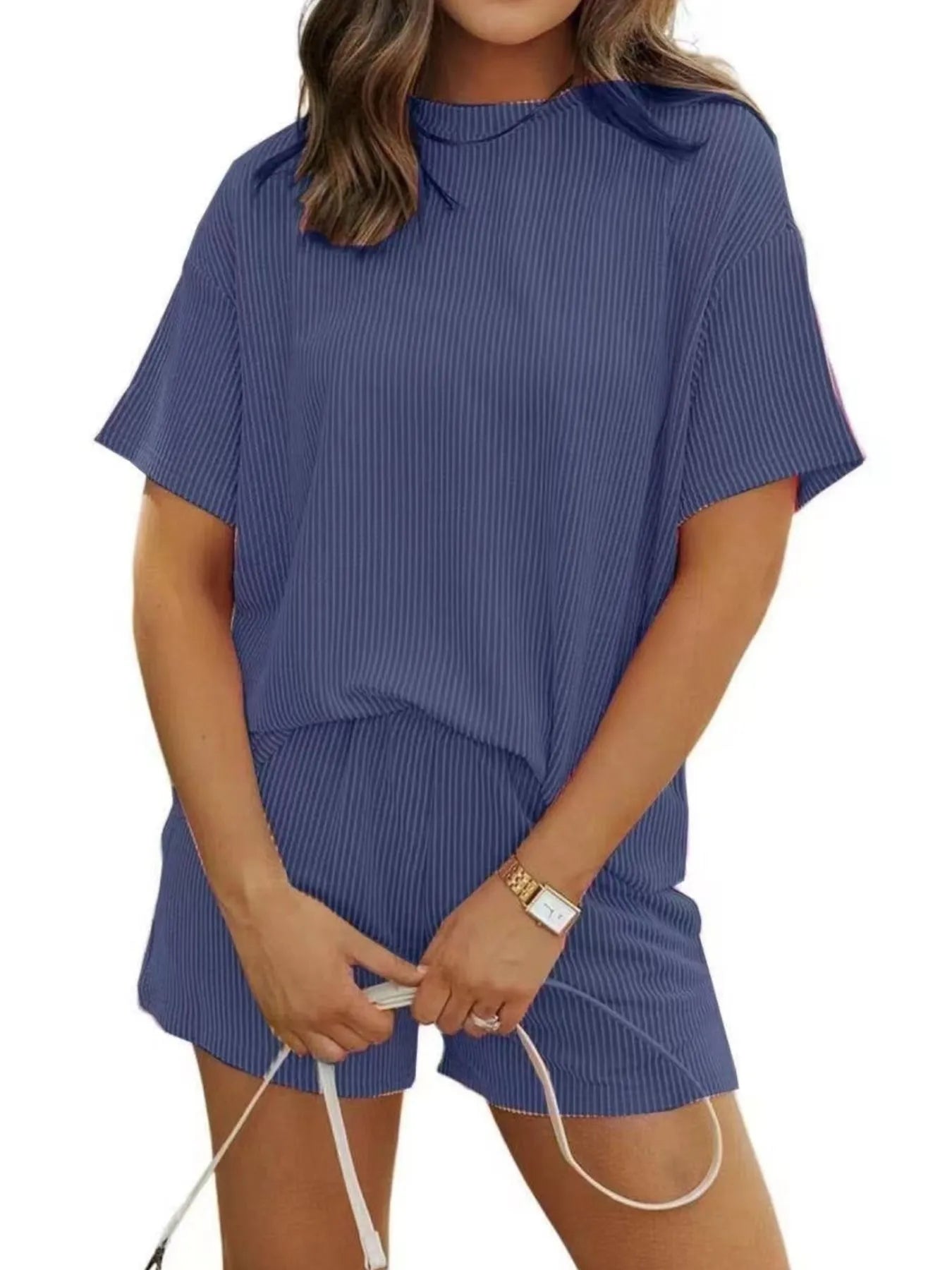 Back angle of Plus Size Ribbed Two-Piece Lounge Set in pink – Voguelle