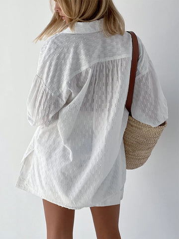 Model wearing relaxed white textured shirt and shorts set – Voguelle