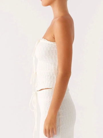 Front view of white lace tube crop top and maxi skirt set – Voguelle